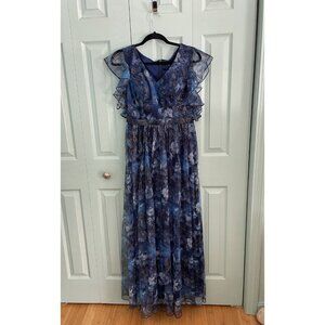 Mgiacy Floral Dark‎ Blue Flutter Sleeve Maxi Dress Medium Lined Fairy Grunge